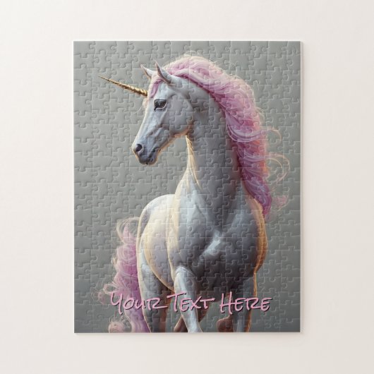 ピンクパーソナライズされたのマネの白いユニコーン ジグソーパズル (縦)