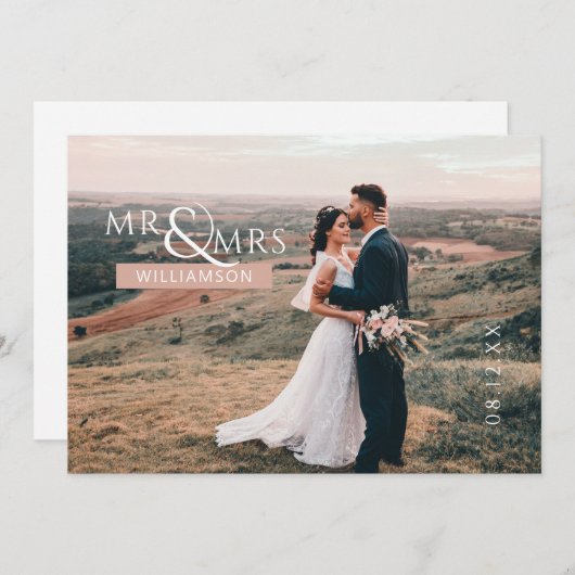 ピンクパーソナライズされたのモノグラム氏の写結婚真 サンキューカード (正面/裏面)