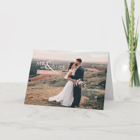 ピンクパーソナライズされたのモノグラム氏の写結婚真 サンキューカード (正面)