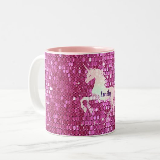 ピンクパーソナライズされたのユニコーン ツートーンマグカップ (正面左)