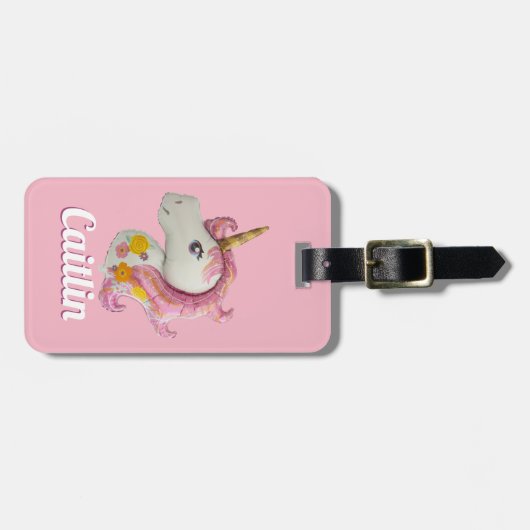 ピンクパーソナライズされたのユニコーン ラゲッジタグ (正面横)