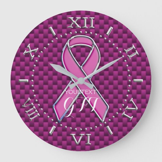ピンクパーソナライズされたのリボン認識度 ラージ壁時計 (正面)