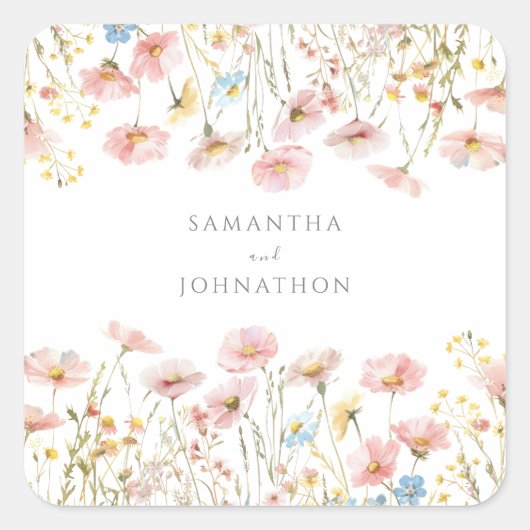 ピンクパーソナライズされたのワイルドフラワーのウォーター結婚カラー スクエアシール (正面)