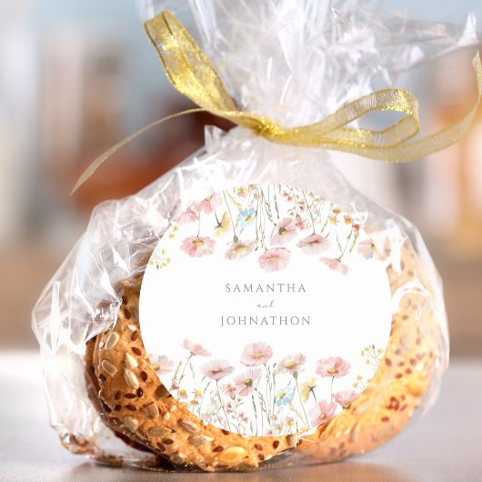 ピンクパーソナライズされたのワイルドフラワーのウォーター結婚カラー ラウンドシール