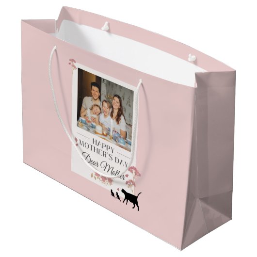 ピンクパーソナライズされたの写真と母の日 ラージペーパーバッグ (裏面アングル)