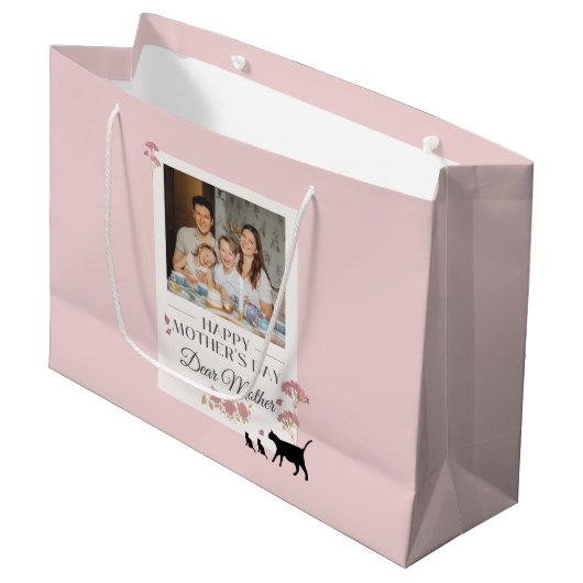 ピンクパーソナライズされたの写真と母の日 ラージペーパーバッグ (正面アングル)