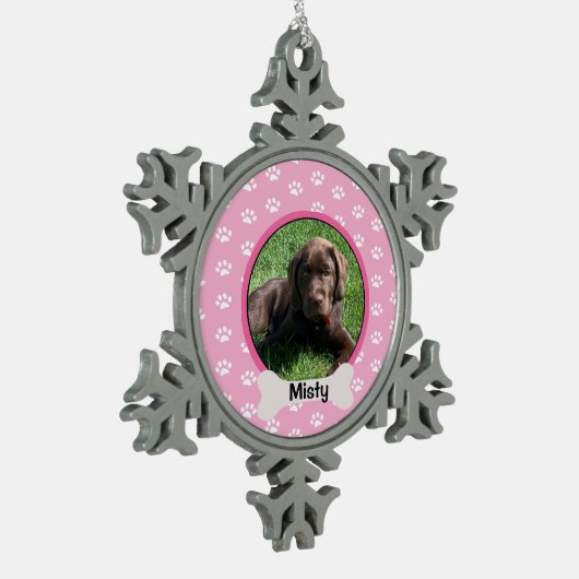 ピンクパーソナライズされたの前刷り犬の子犬の骨写真 スノーフレークピューターオーナメント (左)