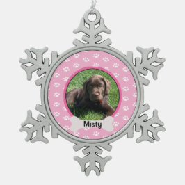 ピンクパーソナライズされたの前刷り犬の子犬の骨写真 スノーフレークピューターオーナメント