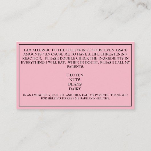 ピンクパーソナライズされたの子どもの食物アレルギー警告 名刺 (裏面)