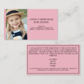 ピンクパーソナライズされたの子どもの食物アレルギー警告 名刺 (正面/裏面)