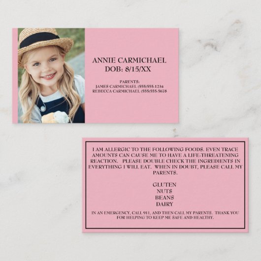 ピンクパーソナライズされたの子どもの食物アレルギー警告 名刺 (正面/裏面)