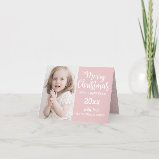 ピンクパーソナライズされたの家族写真クリスマスカード2017 シーズンカード (正面)