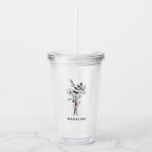 ピンクパーソナライズされたの弓を持つ花嫁フローラ アクリルタンブラー (正面)