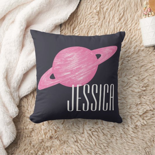 ピンクパーソナライズされたの惑星の手で土星海軍を引いた クッション (ブランケット)