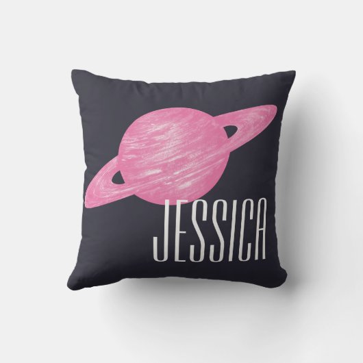 ピンクパーソナライズされたの惑星の手で土星海軍を引いた クッション (裏面)