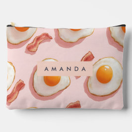 ピンクパーソナライズされたの揚げ卵とベーコン柄 アクセサリーポーチ