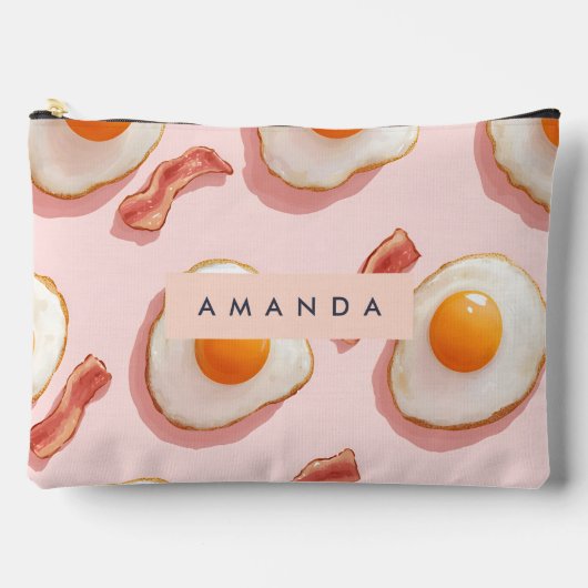 ピンクパーソナライズされたの揚げ卵とベーコン柄 アクセサリーポーチ (正面)