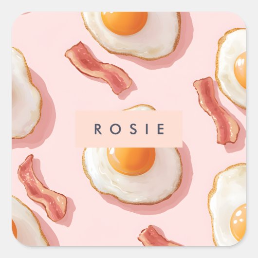 ピンクパーソナライズされたの揚げ卵とベーコン柄 スクエアシール (正面)