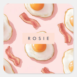 ピンクパーソナライズされたの揚げ卵とベーコン柄 スクエアシール