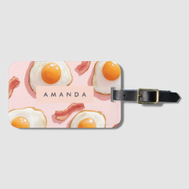 ピンクパーソナライズされたの揚げ卵とベーコン柄 ラゲッジタグ