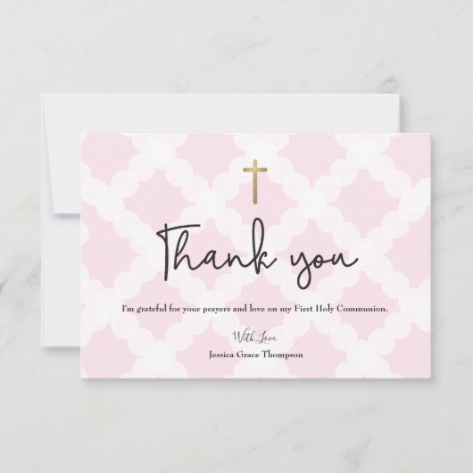 ピンクパーソナライズされたの最初の聖なる聖餐会ありがとうC サンキューカード (正面)