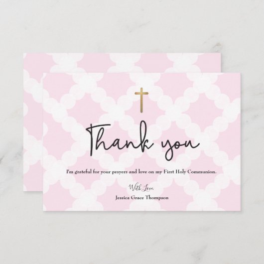 ピンクパーソナライズされたの最初の聖なる聖餐会ありがとうC サンキューカード (正面/裏面)