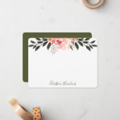 ピンクパーソナライズされたの水の色の緑のモダンフローラ ノートカード (正面/裏面インサイチュ)