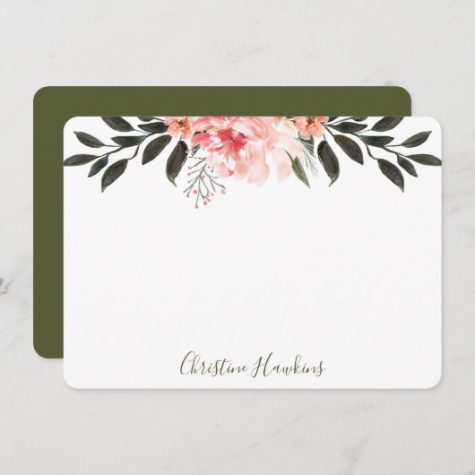 ピンクパーソナライズされたの水の色の緑のモダンフローラ ノートカード (正面/裏面)