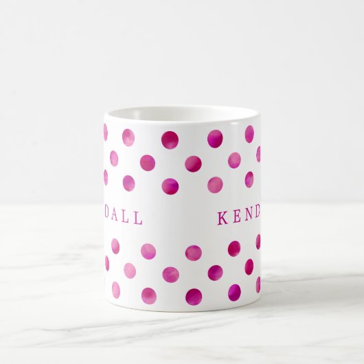 ピンクパーソナライズされたの水カラー水玉模様 コーヒーマグカップ (中央)