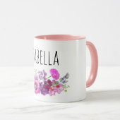 ピンクパーソナライズされたの水色フローラマグカップfor girls マグカップ (正面右)