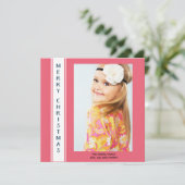 ピンクパーソナライズされたの白い写真のクリスマスグリーティング シーズンカード (スタンド正面)