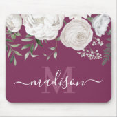 ピンクパーソナライズされたの白フローラ名モノグラム マウスパッド (正面)