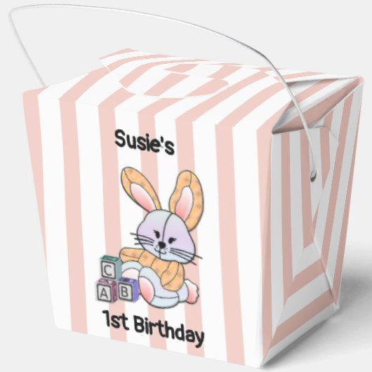ピンクパーソナライズされたの縞模様の保育園アート – Bunny Favor フェイバーボックス (裏面)