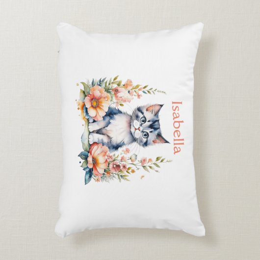 ピンクパーソナライズされたの花が咲く灰色の子猫 アクセントクッション (正面(垂直))