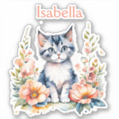 ピンクパーソナライズされたの花が咲く灰色の子猫 シール (正面)