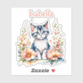 ピンクパーソナライズされたの花が咲く灰色の子猫 シール (シート)