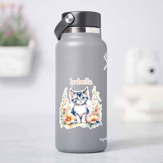 ピンクパーソナライズされたの花が咲く灰色の子猫 シール (HydroFlask)