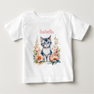 ピンクパーソナライズされたの花が咲く灰色の子猫 ベビーTシャツ