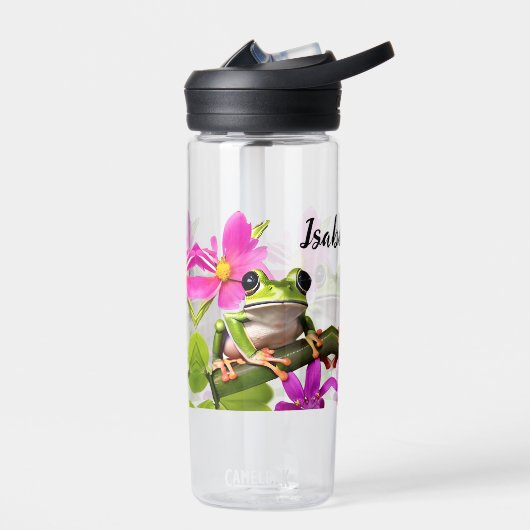 ピンクパーソナライズされたの花に囲まれた緑のカエル ウォーターボトル (左面)