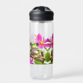 ピンクパーソナライズされたの花に囲まれた緑のカエル ウォーターボトル (正面)