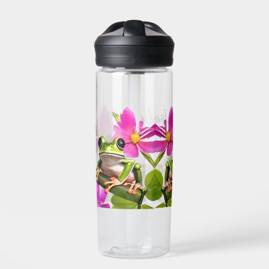 ピンクパーソナライズされたの花に囲まれた緑のカエル ウォーターボトル (正面)