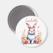 ピンクパーソナライズされたの花を咲かせたウサギ マグネット (正面/裏面)