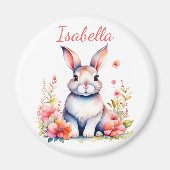 ピンクパーソナライズされたの花を咲かせたウサギ マグネット (正面)
