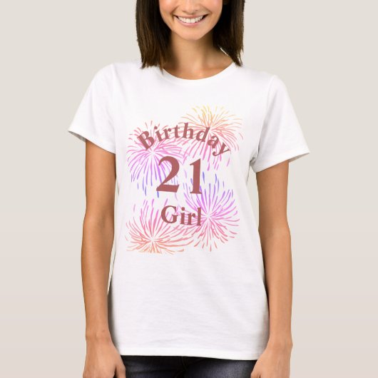 ピンクパーソナライズされたの花火21歳の誕生日ガール Tシャツ (正面)