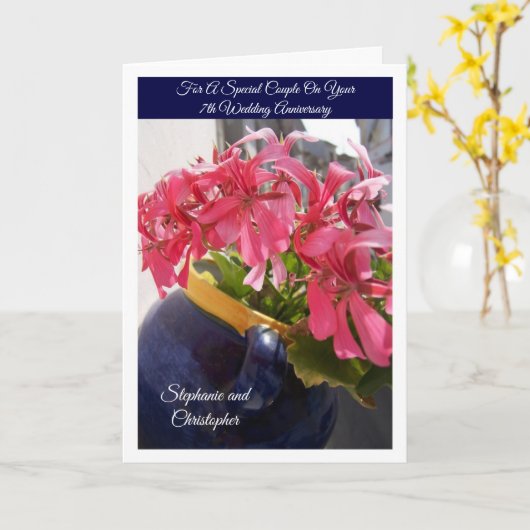 ピンクパーソナライズされたの花結婚七周年 カード (黄色い花)