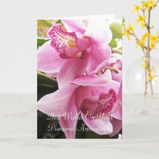 ピンクパーソナライズされたの蘭結婚60周年 カード (黄色い花)