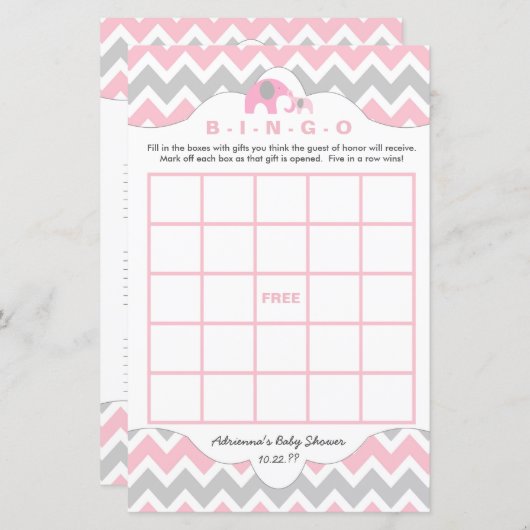 ピンクパーソナライズされたの象の赤ちゃんシャワーゲームビンゴ (正面/裏面)