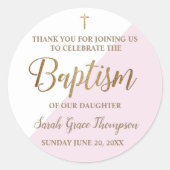 ピンクパーソナライズされたの赤ん坊の女の子のバプテ感謝していィス ラウンドシール (正面)