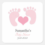ピンクパーソナライズされたの足跡ハート赤ちゃんシャワー スクエアシール (正面)