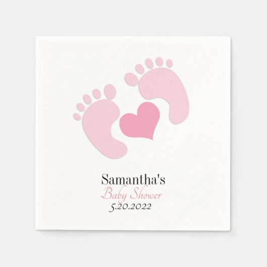 ピンクパーソナライズされたの足跡ハート赤ちゃんシャワー スタンダードカクテルナプキン (正面)